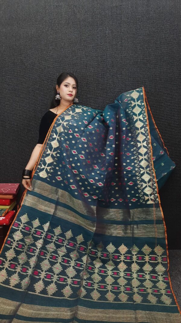 Deep Teal & Golden Half Silk Exclusive Jamdani Saree