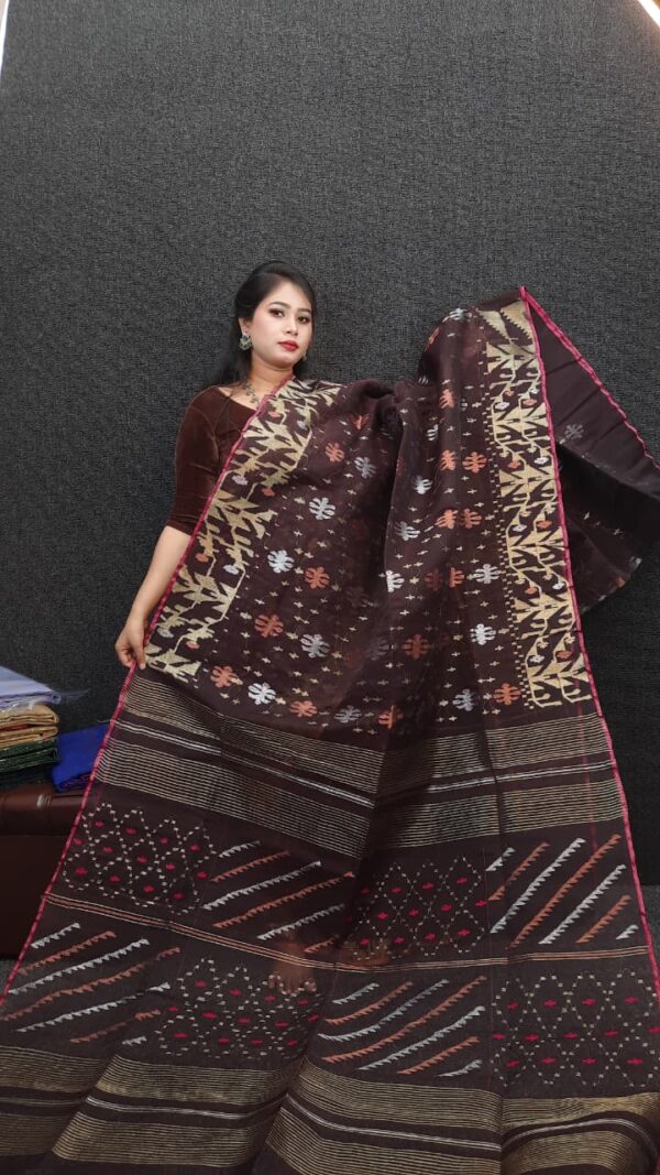 Elegant Maroon Multi-color Handwoven Half Silk Jamdani Saree