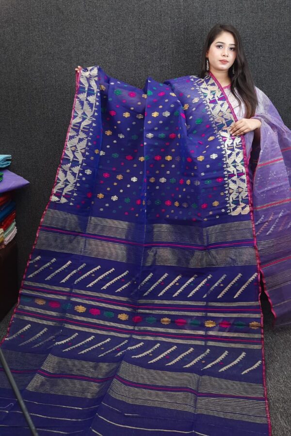 Royal Blue & Multicolor Half Silk Exclusive Jamdani Saree