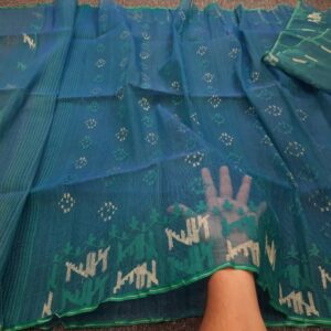 Fresh Aqua Blue-Green Half Silk Jamdani Saree
