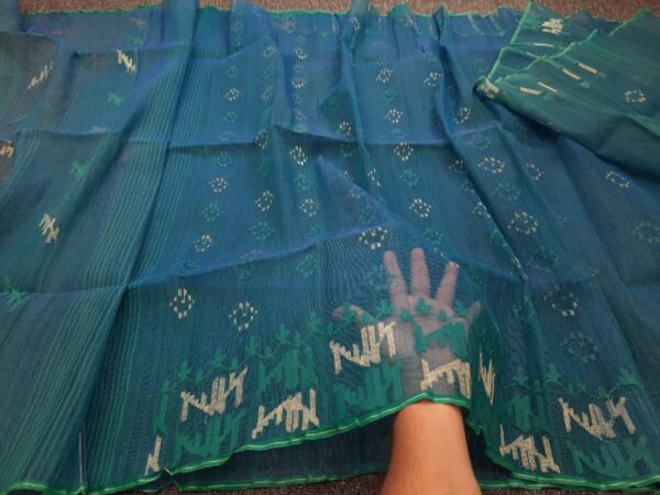 Fresh Aqua Blue-Green Half Silk Jamdani Saree