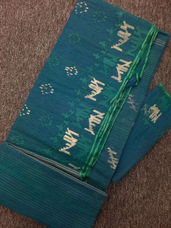 Fresh Aqua Blue-Green Half Silk Jamdani Saree - Image 2