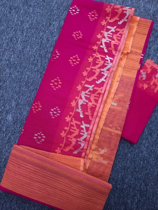 Festive Magenta-Orange Half Silk Jamdani Saree - Image 3