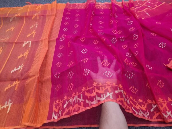Festive Magenta-Orange Half Silk Jamdani Saree - Image 2