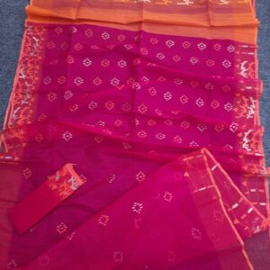 Festive Magenta-Orange Half Silk Jamdani Saree