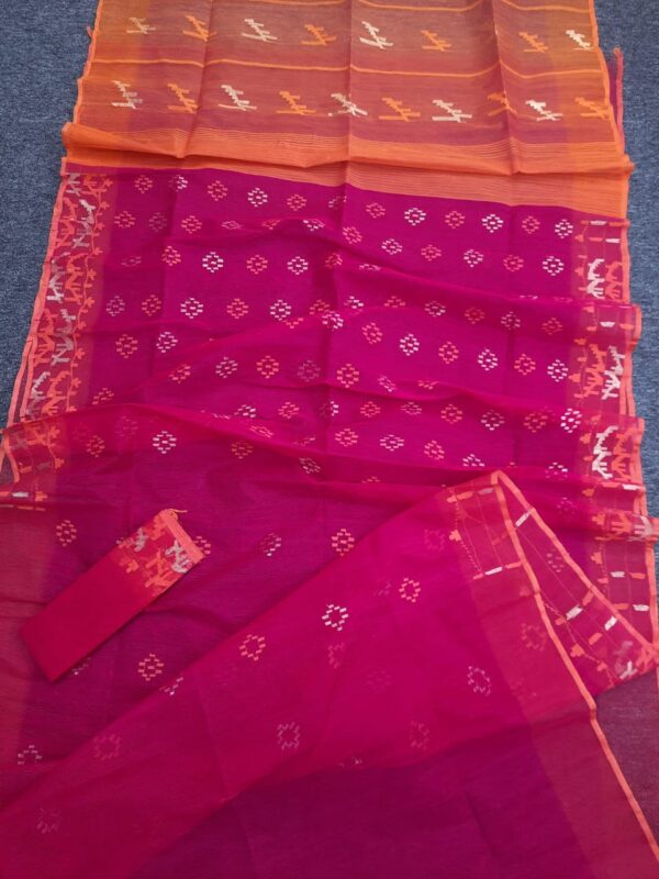 Festive Magenta-Orange Half Silk Jamdani Saree