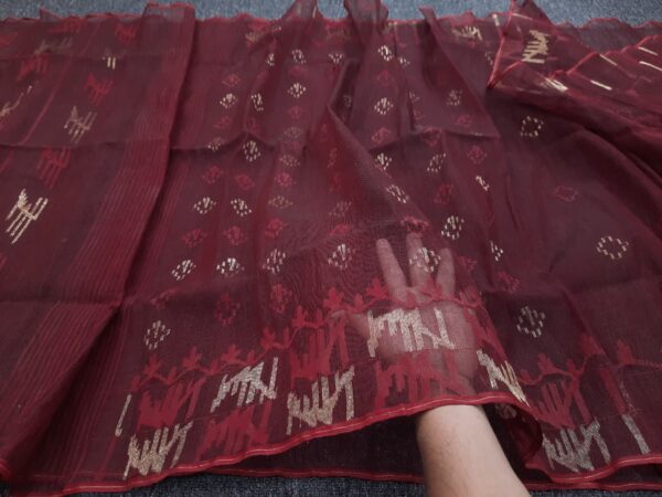 Classic Maroon Half Silk Jamdani Saree - Image 2