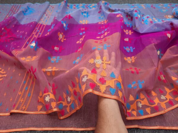 Vibrant Dual-Tone Purple-Pink Handwoven Half Silk Jamdani Saree - Image 3
