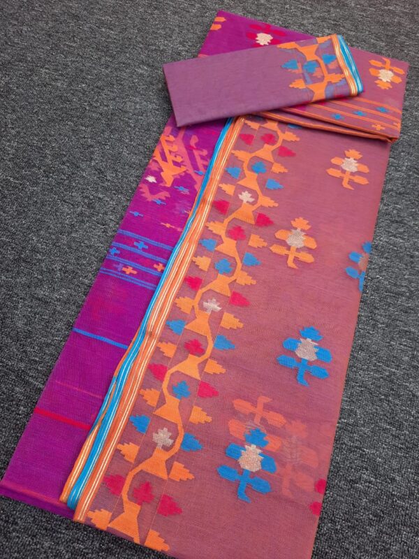 Vibrant Dual-Tone Purple-Pink Handwoven Half Silk Jamdani Saree - Image 2